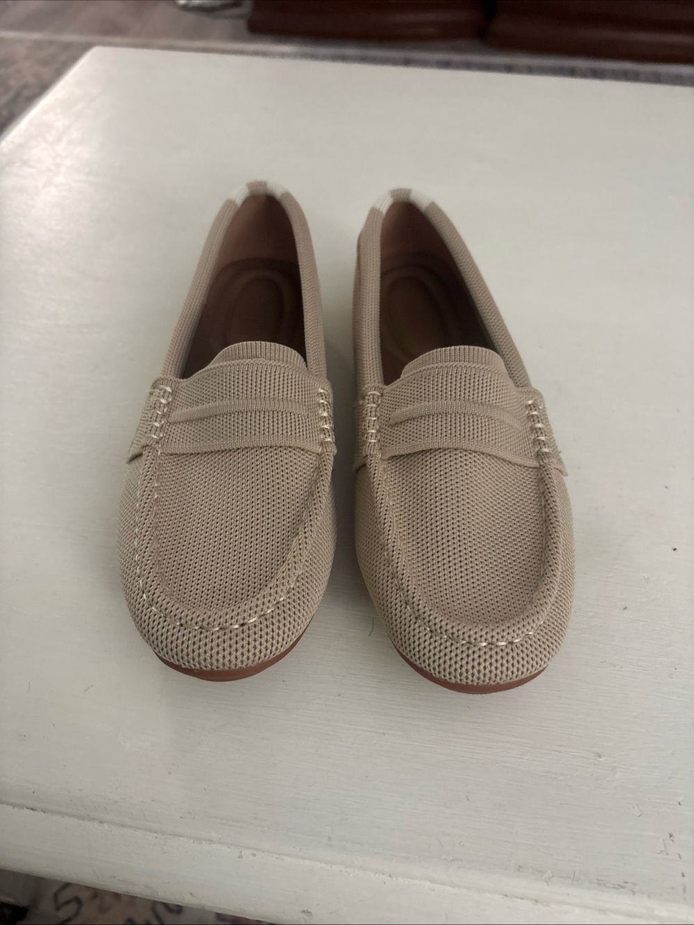 Beige Knit Penny Loafers for Women - Lightweight Slip-On Flats
